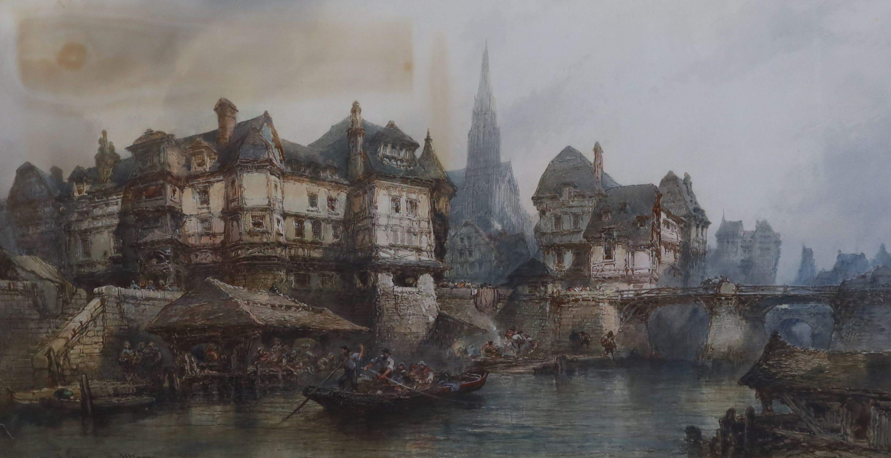 Paul Marny (1829-1914), Views on the river at Lyon, near pair of watercolours, 60 x 105cm and 58 x 106cm